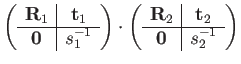 $\displaystyle \left(\begin{array}{c\vert c}
\mathbf{R}_{1} & \mathbf{t}_{1}\\
...
...bf{R}_{2} & \mathbf{t}_{2}\\
\hline \mathbf{0} & s_{2}^{-1}
\end{array}\right)$