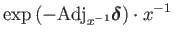 $\displaystyle \exp\left(-\mathrm{Adj}_{x^{-1}}\boldsymbol{\delta}\right)\cdot x^{-1}$